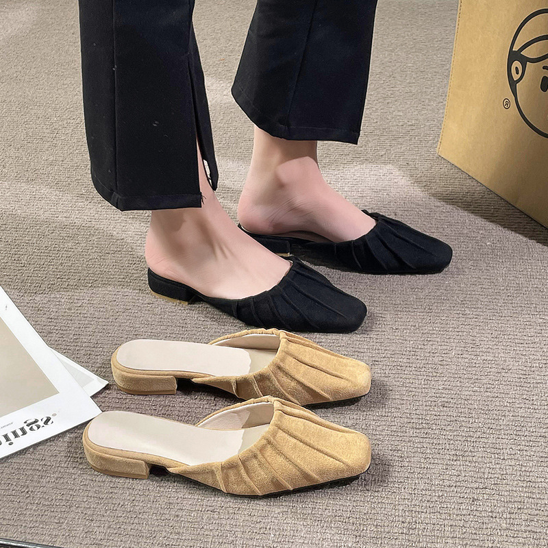 Baotou – pantoufles britanniques confortables à semelle basse et épaisse pour femmes, vêtements d'extérieur à la mode, petites pantoufles carrées pliables, nouvelle collection_voghion.com