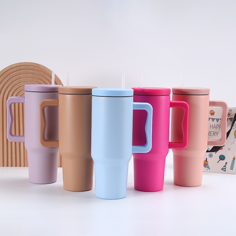 Taza térmica para coche de 40 oz, acero inoxidable 304, gran capacidad con asa y tapa con pajilla