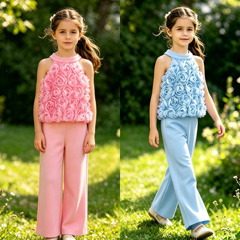 Ebay Cross-Border Exclusive Supply of European and American 3D Floral Girls' Outfits: Halter Neck Design Top + Casual Sweatpants Ebay Cross-Border Exclusive Supply of European and American 3D Floral Girls' Outfits: Halter Neck Design Top + Casual Sweatpants