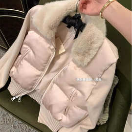 工厂秋季新款设计感拼接针织袖羽绒棉服短款气质时尚百搭外套女潮