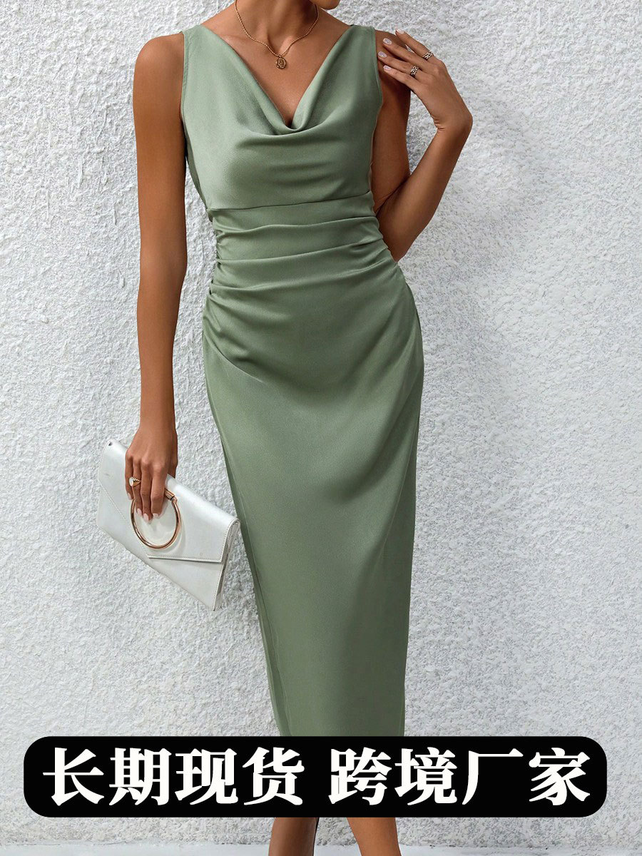 Vestido Largo de Satén con Pliegues, Estilo Europeo y Americano, Primavera/Verano 2026, para Mujer, Sexy