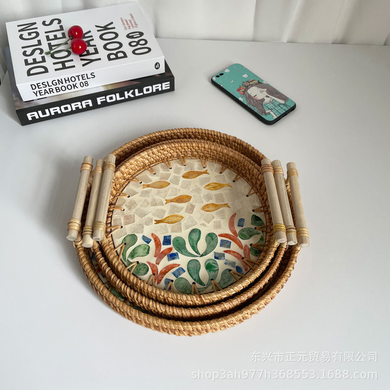 ベトナム籐編み貝殻トレー彩貝編みスナック収納バスケットお菓子スナックトレーフルーツパン茶皿|undefined