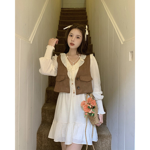 Vintage Hong Kong Style Casual Set Women's Layered Vest Top and Loose Long Sleeve Dress Two-Piece Set for Autumn