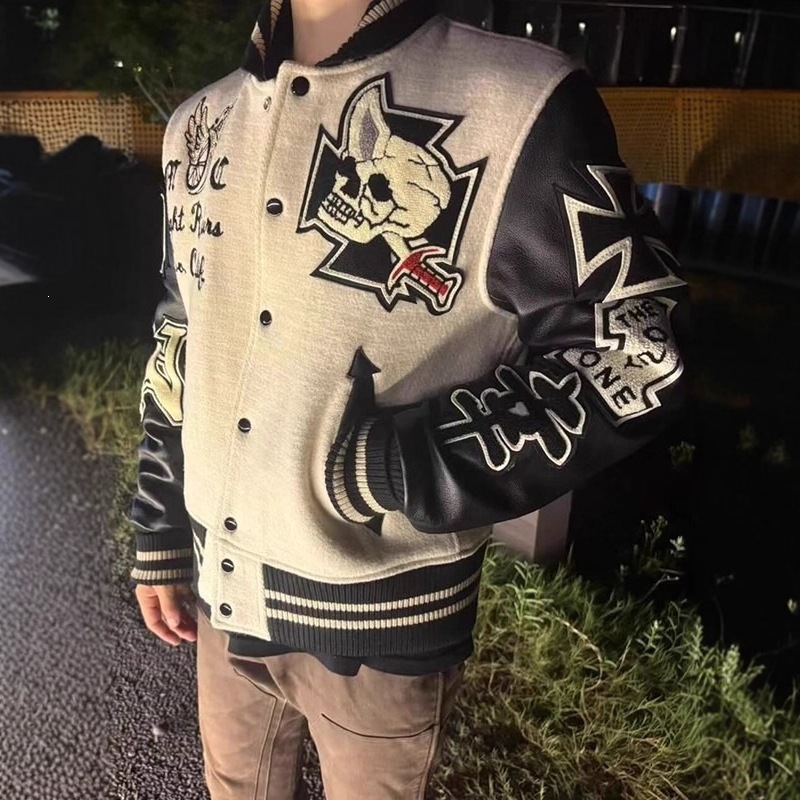 美式跨境骷髅骑士棒球服Cleanf风格修身立领拼皮短款外套夹克外套