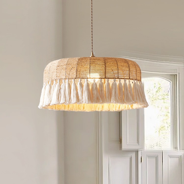 Viento tranquilo retro sala de estar candelabro tela bohemiana frisa creativa lámpara de dormitorio principal lámpara de comedor japonesa
