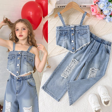 外贸跨境欧美夏季甜酷女童套装 中童不规则吊带+破洞牛仔长裤套装