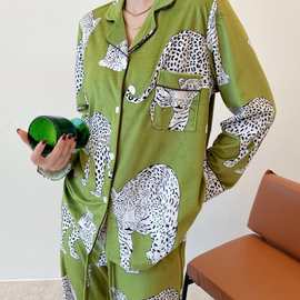 切尔西富贵绿豹美洲豹长袖长裤家居服套装 超柔暖暖绒贴身睡衣女