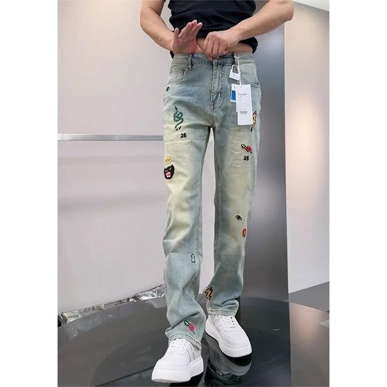 Light Luxury high quality Slim Fit Jeans Men's 2025 Spring and Summer Boutique Embroidered Casual Pants Comfortable Stretch Straight Trousers