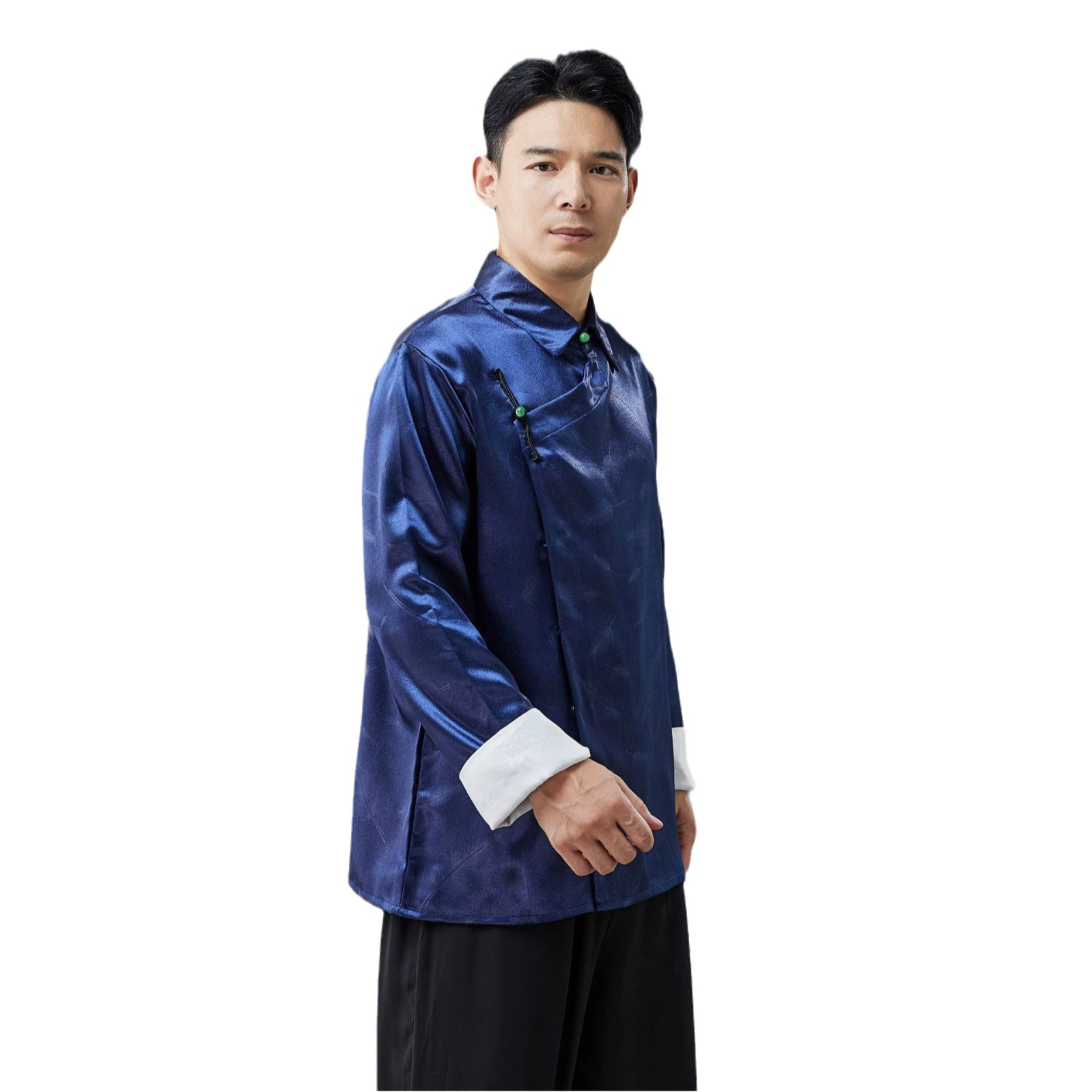 2025 Spring Young Men's Chinese Style Color-Blocking Tang Suit Silver Button Roll-up Side-Blocking Ramie Plate Stand Collar Top