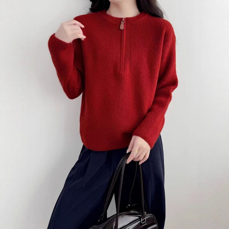 时尚秋冬新款半拉链套头毛衣女韩系设计感圆领简约宽松洋气毛衣女|undefined