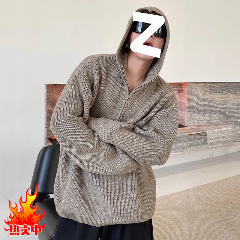 Fashion American Style High Street Hooded Half Zip Sweater for Men and Women Couple Design Sense Loose Trendy Brand Style Knitted Hoodie
