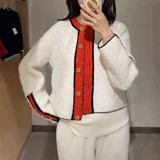 秋季独特别致撞色拼接圆领针织外套女春秋设计感气质百搭开衫上衣