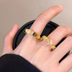 女性用イエローヘアクリスタルジルコンビーズリング、軽くて豪華なニッチデザインの人差し指リング、新しいスタッキングリング