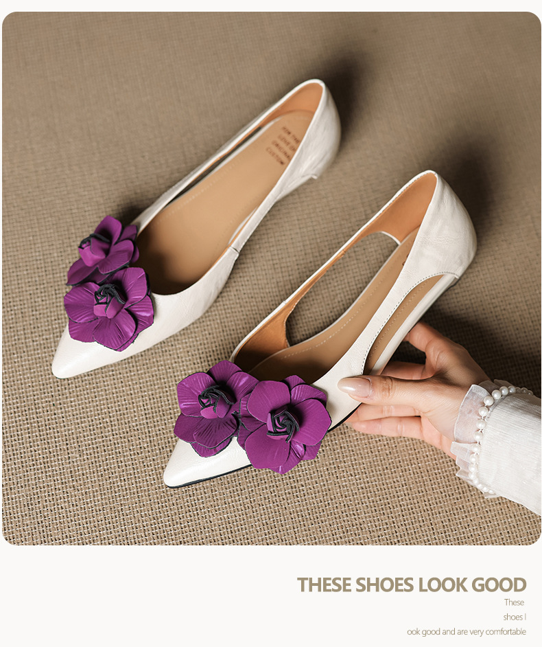 Sandal nữ mũi nhọn đế bệt quai mảnh hở bên hông hoa tím — đen chi tiết 11