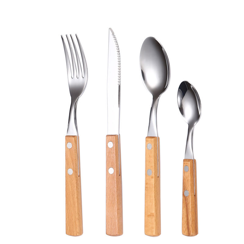 Cuchillo, tenedor y cuchara con mango de madera de acero inoxidable 304, restaurante occidental, bistec, cuchillo, tenedor y cuchara, juego de vajilla portátil de viaje, fuente transfronteriza