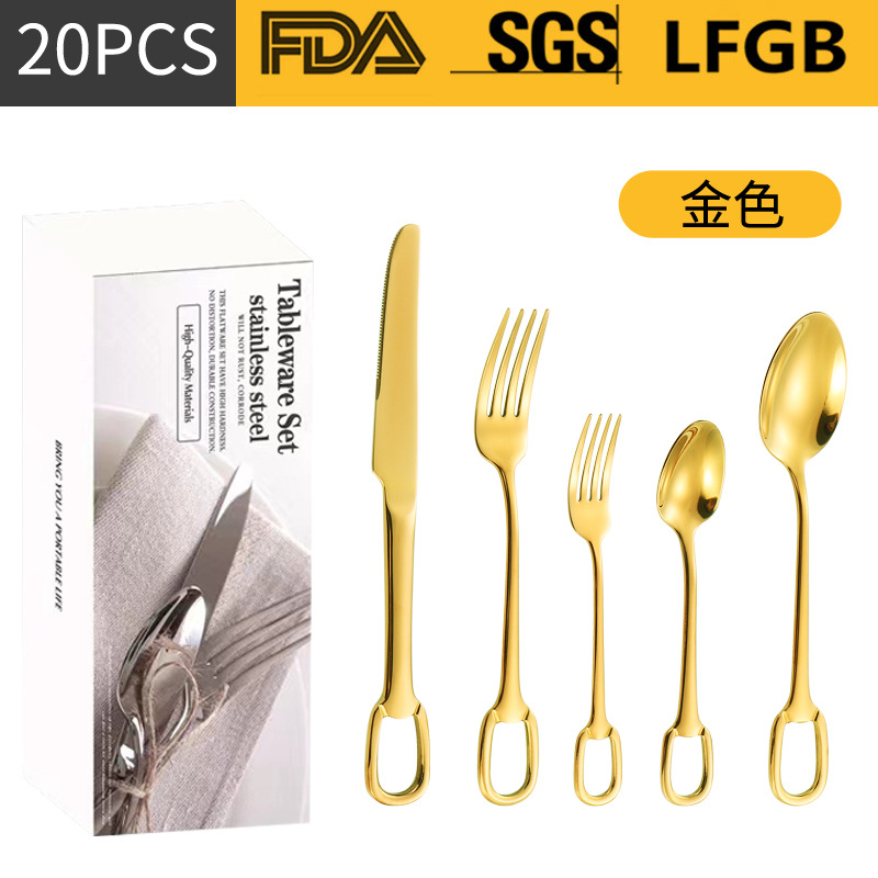 Amazon transfronterizo productos de alto valor facial 304 cubiertos de acero inoxidable 20 / 30 piezas collar hebilla cuchillo y tenedor de cucharas conjuntos