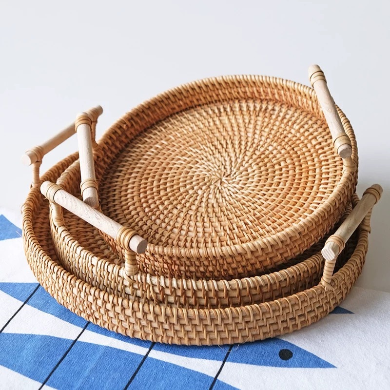 越南藤编托盘馒头筐家用面包水果收纳篮手工编织竹零食干果盘储物