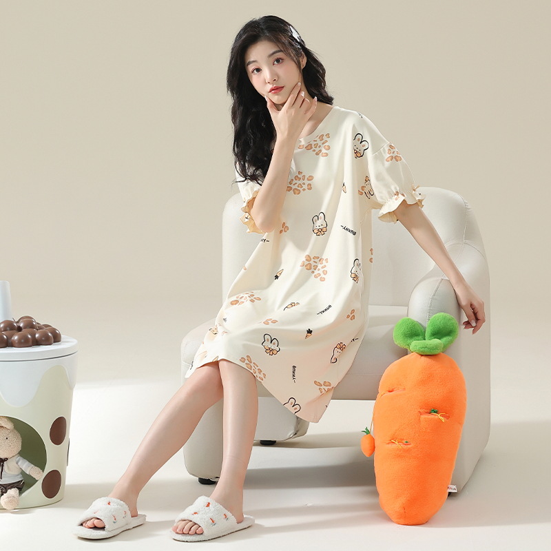 [Personalizado] 7A pijama de manga corta de algodón antibacteriano de gran tamaño gordo m200 kg camisón de maternidad verano femenino dulce y lindo