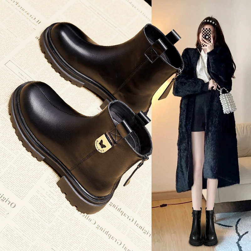 Тонкие женские ботинки, новинка зимы 2023, супер популярные женские ботинки из натуральной кожи, короткие ботинки для похудения, хлопковая обувь до середины икры на толстой подошве