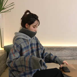 2021秋季韩版新款假两件拼接格子潮牌高领连帽宽松长袖卫衣女跨境