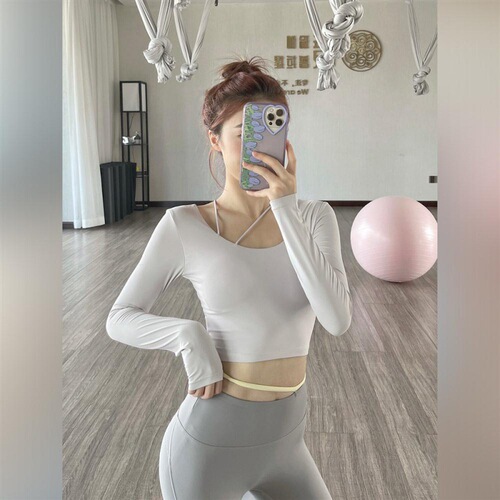 Women's Fall Long Sleeve Tight Yoga Top with Cushion, Fitness Running Beautiful Back Exercise T-Shirt