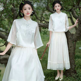 好质量中式盘扣立领女装刺绣斜襟改良款汉服国风上衣半身裙两件套
