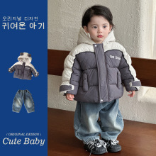 2025冬款男宝宝连帽棉服加绒休闲牛仔裤婴幼儿小男孩1-3岁套装潮2