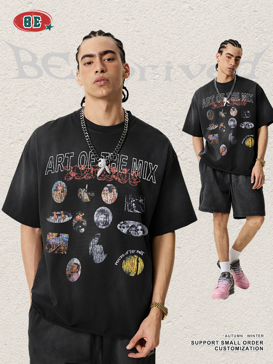Be Hombres| Europa y América retro hacer vieja impresión de pulverización de caballo de borde disperso camiseta de manga corta camiseta de moda masculina suelta camiseta pareja