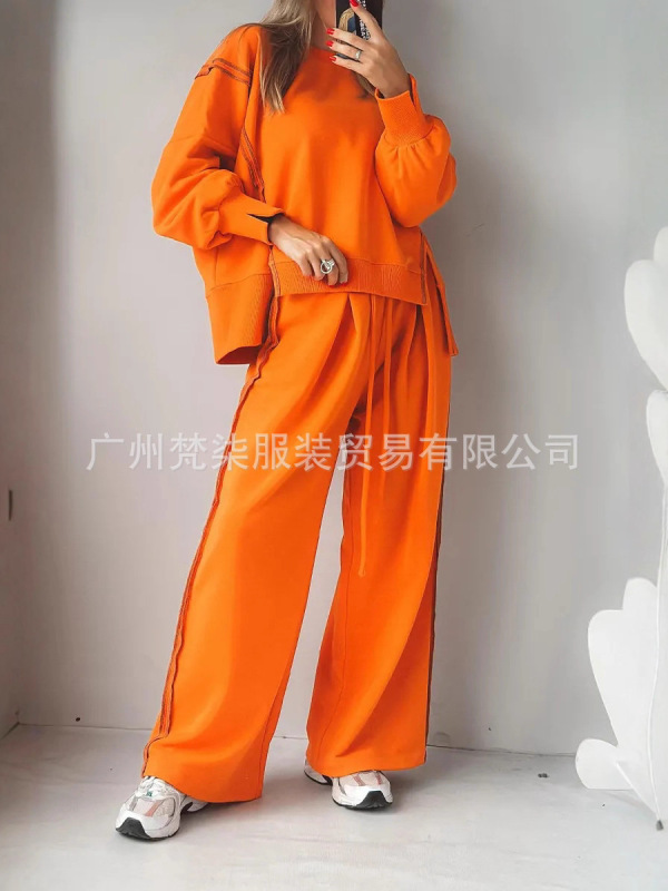 欧美跨境2025秋冬亚马逊新款圆领拼接卫衣抽绳运动长裤休闲套装女|undefined