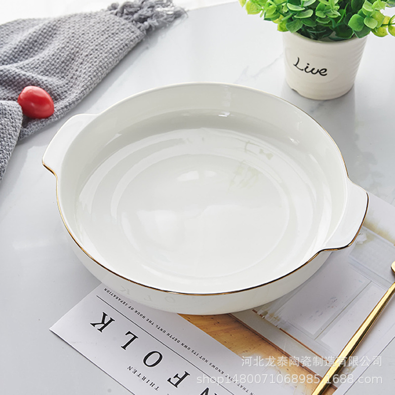 純白の骨磁器の金辺の両耳の巣の皿の陶磁器の家庭用の料理の皿のアイデアの円形の深い皿の取っ手のスープの皿は印字することができます。|undefined