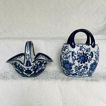 新中式青花陶瓷手提包摆件小花蓝装饰花器外贸原单新颖个性青花瓷
