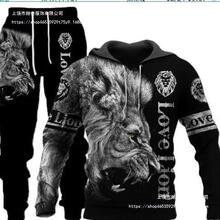 厂家直销欧美外贸新款套装3D动物印花带帽套头卫衣男士潮流卫衣