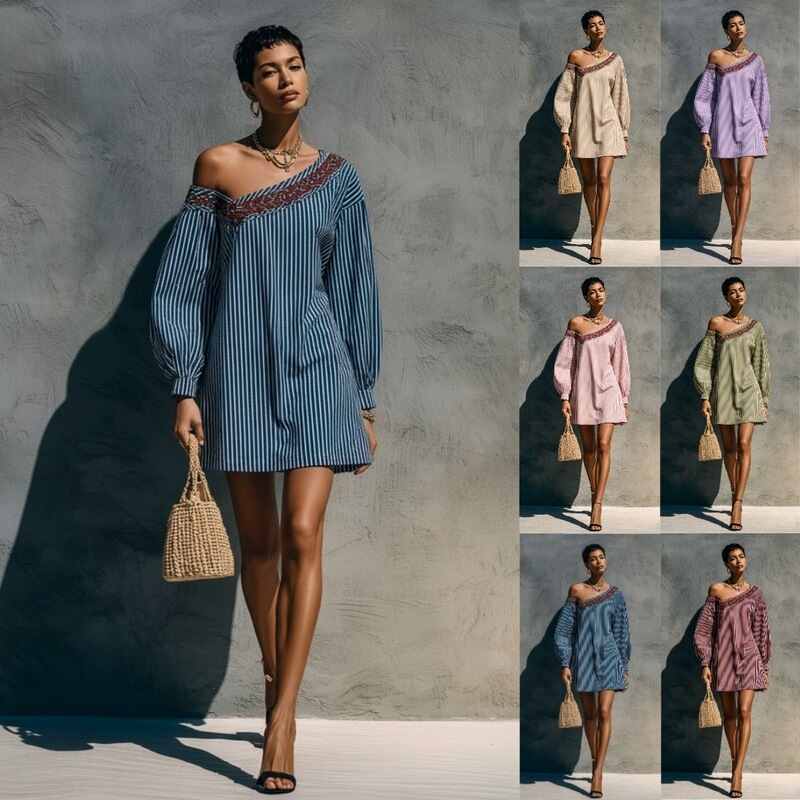 2026 European and American foreign trade women's clothing new striped one-shoulder long-sleeve embroidered minimalist mini dress
