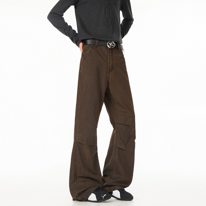 Men's autumn workwear jeans with side pockets, ultra-wide legs, floor-length, American retro style, trendy brand men's pants