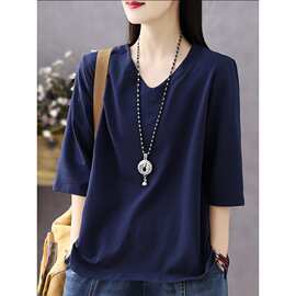 七分袖女t恤夏季新款V领休闲百搭薄款中袖纯色显瘦上衣48小时发货