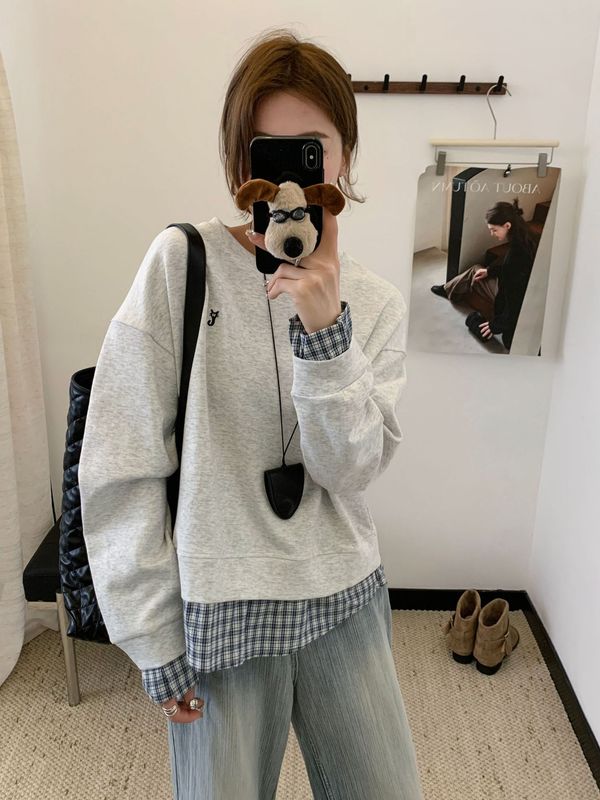 3603长袖假两件卫衣女2025秋圆领格子韩版宽松长袖上衣女韩国卫衣|undefined