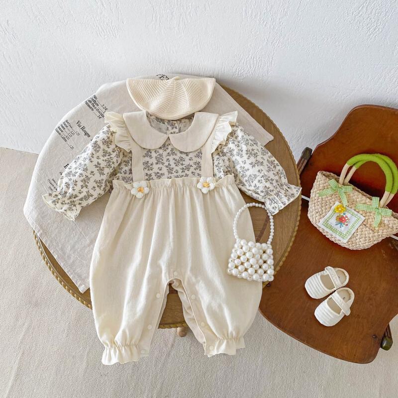 Korean-style Spring and Autumn Long-sleeved Fake Two-piece Strap Boomsuit Baby Trendy Doll Collar