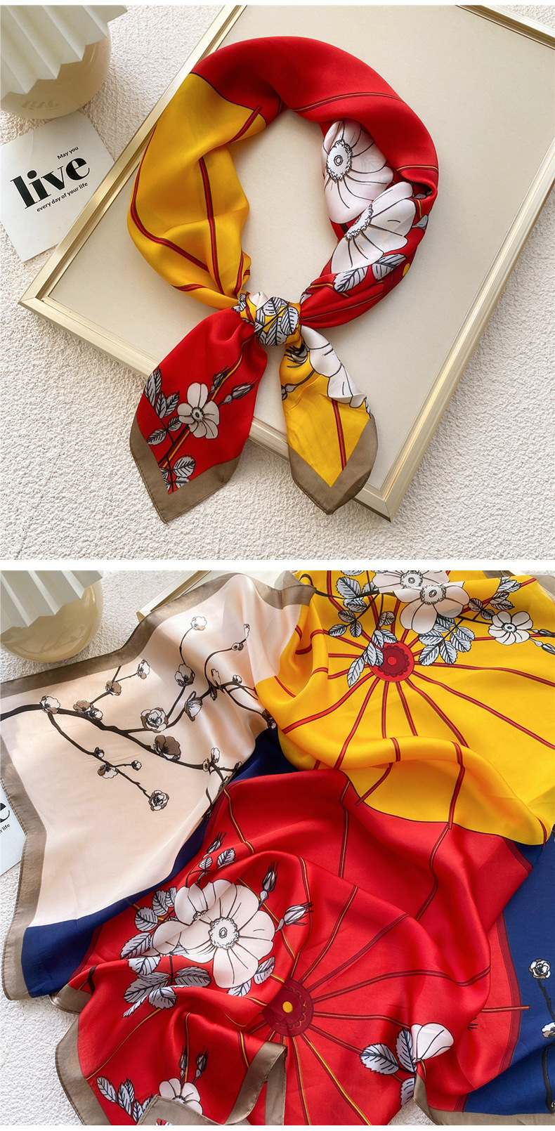 50g Weight Silk Scarf Classification Travel Occasion Silk Material Unisex Gender Printing Design Sweet Style Grey, Red, Green, Blue, Yellow, Black Color Unisex Sweet Silk Printing Silk Scarf 31
