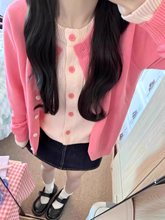 2025早春新款韩系假两件粉色针织开衫外套女温柔穿搭毛衣短款上衣