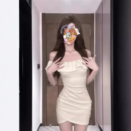 Summer Pure Desire Lotus Edge One-Shoulder Dress for Women, Hot Girl, Shoulder-Strapless, Asymmetrical, Fitted, Slimming, Bustier Mini Skirt