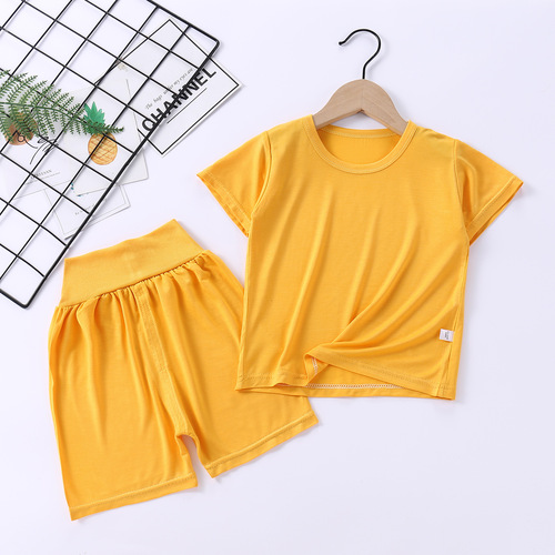 Children's modal short-sleeved suit boys and girls new summer pajamas mask T children's clothing high waist belly protection home clothes