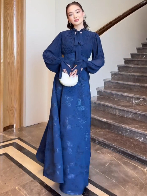 2025年欧美亚马逊外贸秋季新款长款复古蓝色收腰显瘦气质时尚连衣|undefined