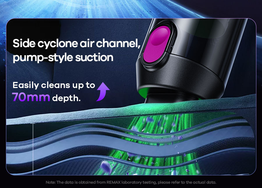 REMAX Rui Liang car-mounted, cordless, brushless vacuum cleaner with integrated blowing and suction functions, featuring a built-in light and long battery life for convenient portability