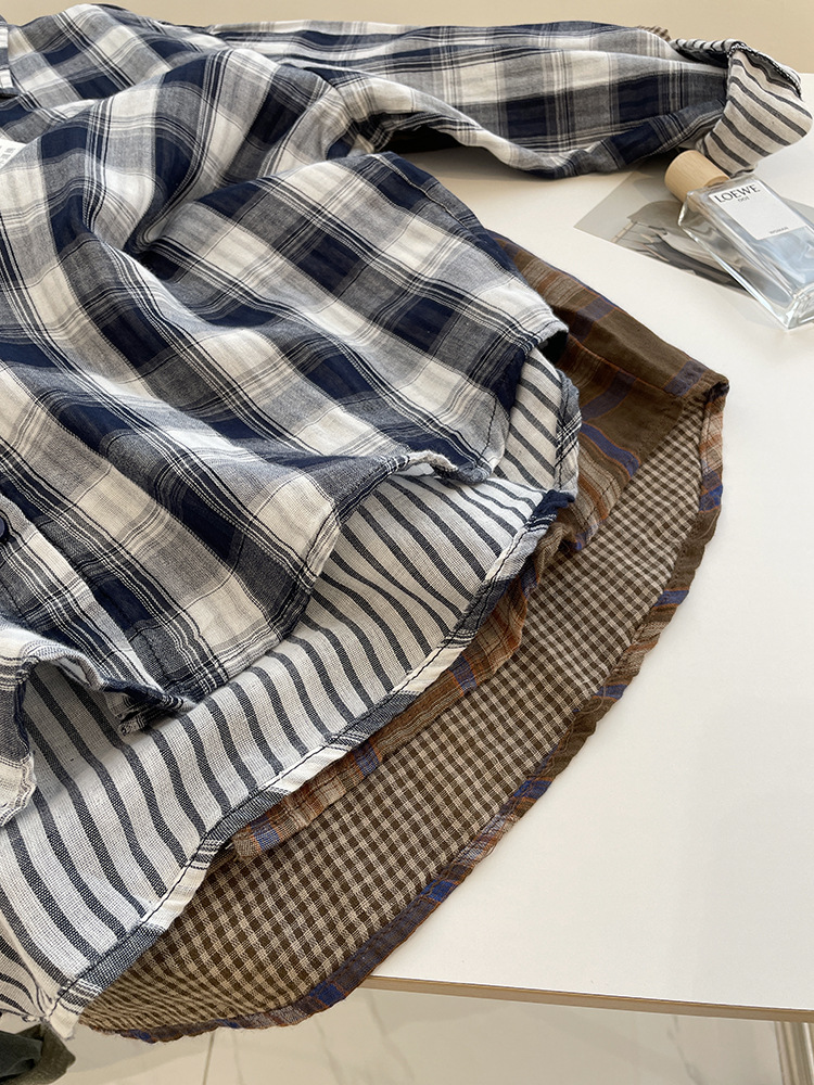 Áo sơ mi nữ dài tay vải gạc cotton hai lớp họa tiết kẻ sọc cổ điển dáng rộng — Kẻ sọc xanh (Bộ sưu tập mùa hè) chi tiết 11