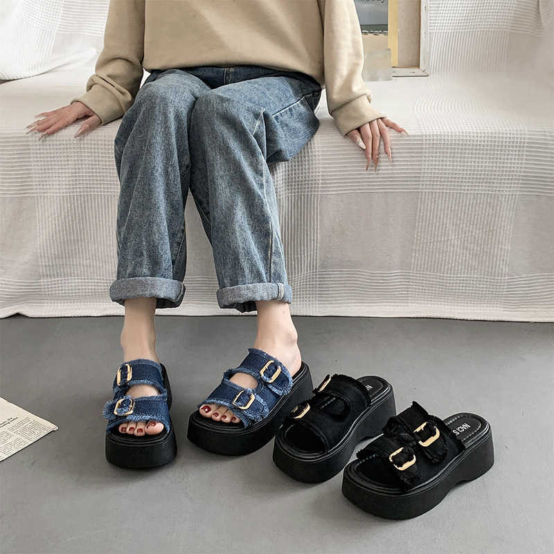 2026 verano sandalias de altura denim transfronterizas ventas calientes casuales redondas de cordón trasero sandalias de playa