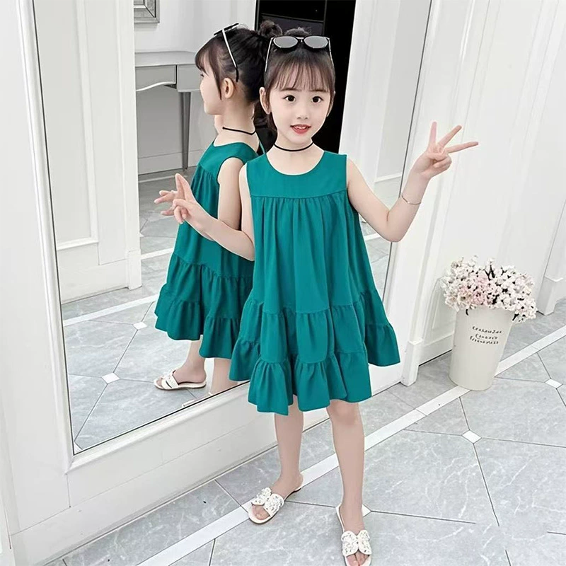 Хлопок для девочек летнее платье летом тонкая однослойная хлопчатобумажная юбка без рукавов
