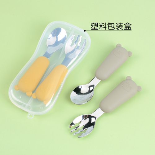 Cartoon bear children's tableware silicone spoon and fork set Baby short handle 316 stainless steel fork and spoon set