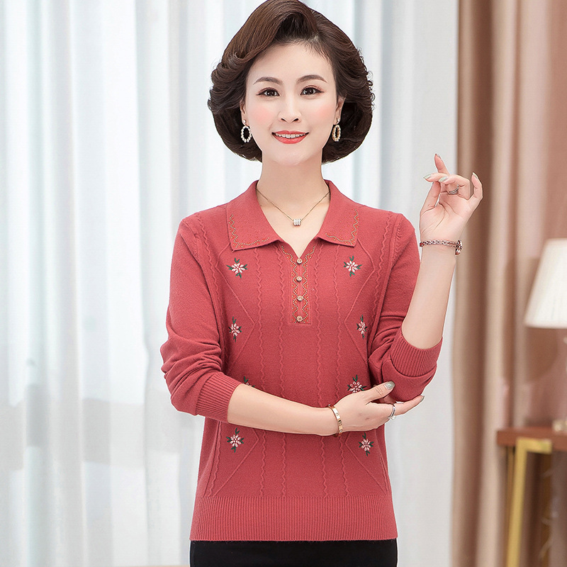 中老年女装翻领针织羊毛衫时尚绣花长袖妈妈装打底衫适45-65中年，女装中老年女装，妃慕昵服饰
