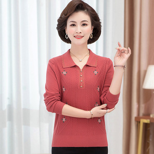 中老年女裝翻領(lǐng)針織羊毛衫時(shí)尚繡花長(zhǎng)袖媽媽裝打底衫適45-65中年圖片