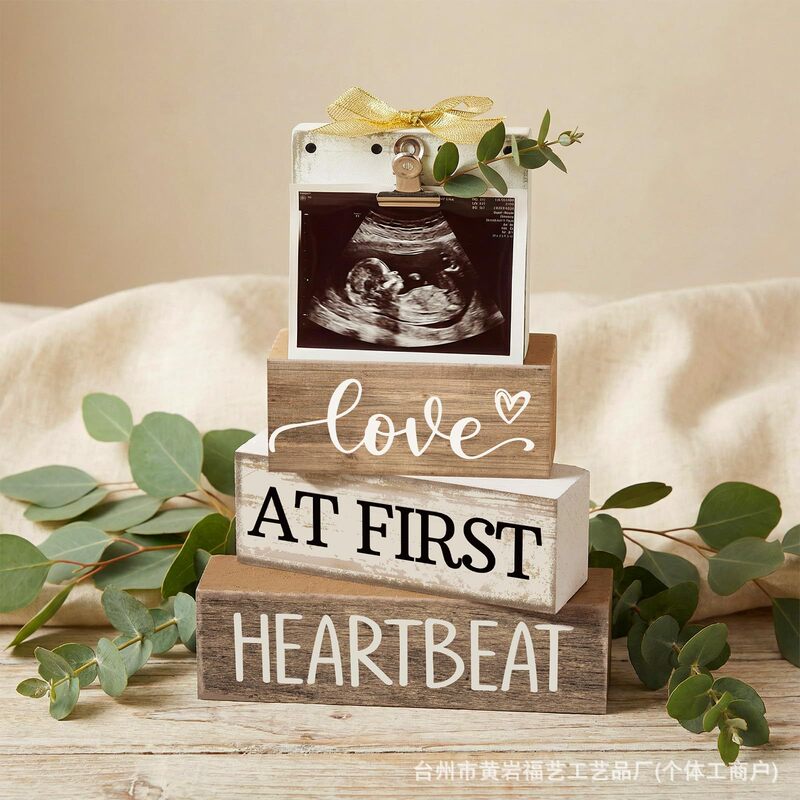 Stacked Wooden Blocks Baby Ultrasound Memorial Photo Frame First Heartbeat English Wooden Sign Display for Pregnancy Ultrasound Photos